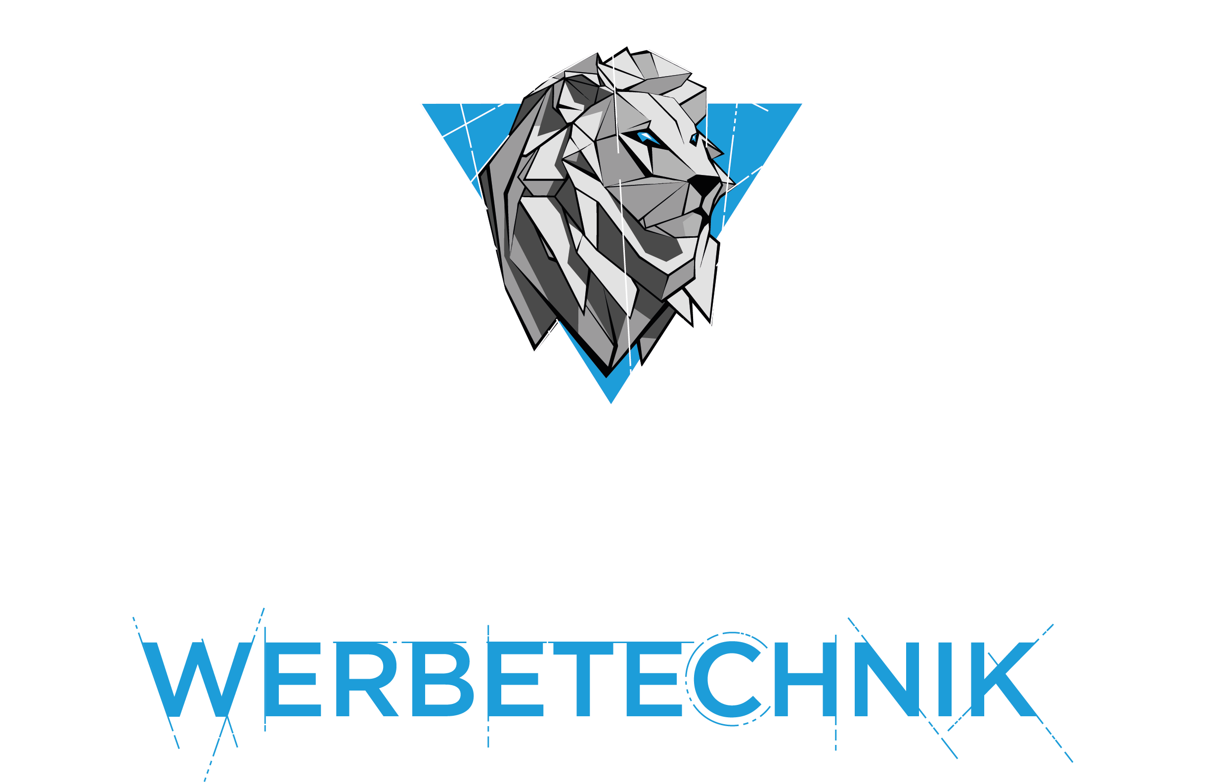 Logo Planauftritt im Negativen - geometrischer Löwe in Dreieck mit Schriftzug Planauftritt Werbetechnik